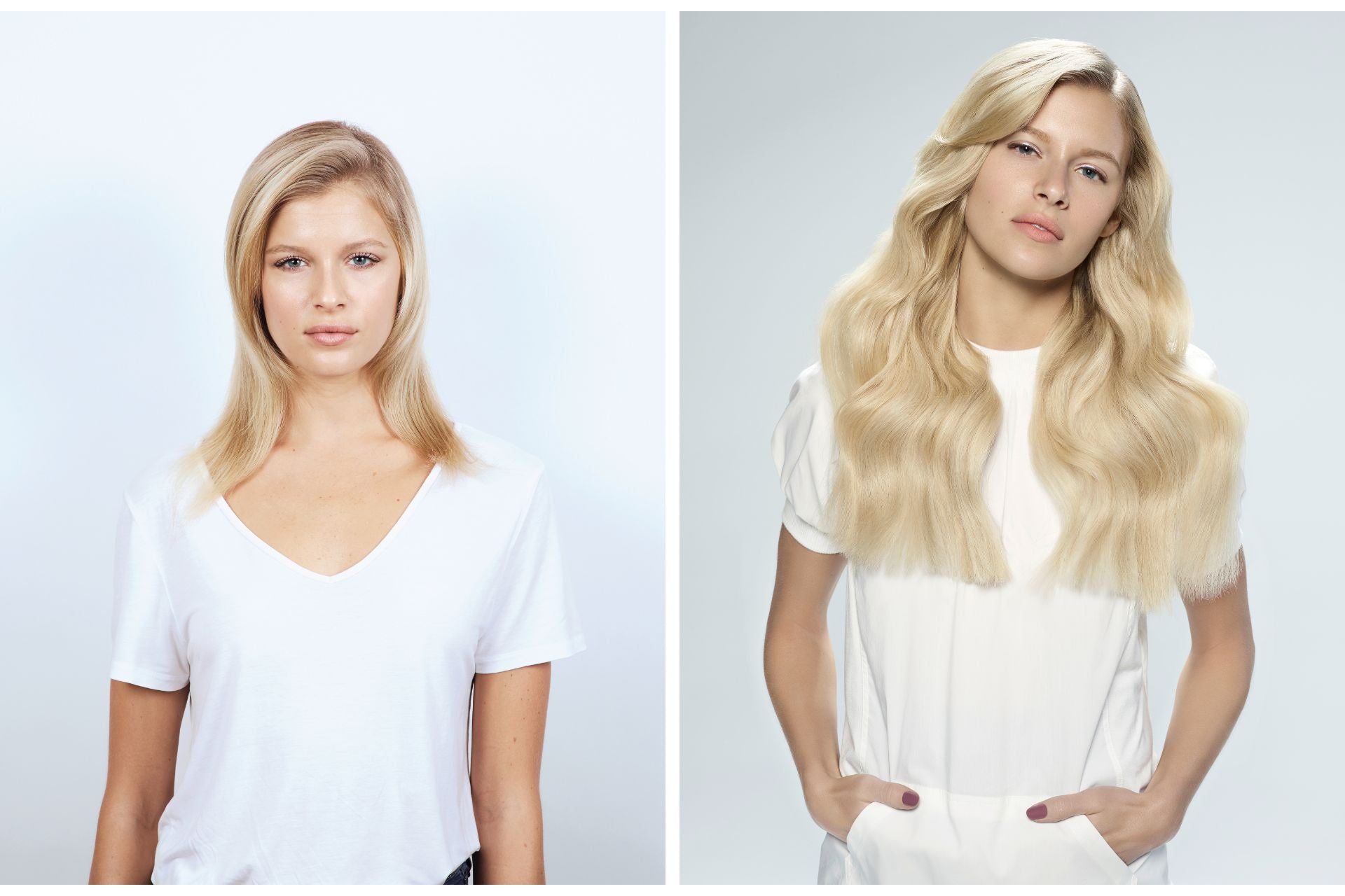 Vorher-Nachher-Vergleich einer Frau mit mittellangem, glattem, blondem Haar (links) und voluminösem, welligem Haarstyling (rechts). Professionelle Haarverlängerung durch Flaunt und Farbveredelung