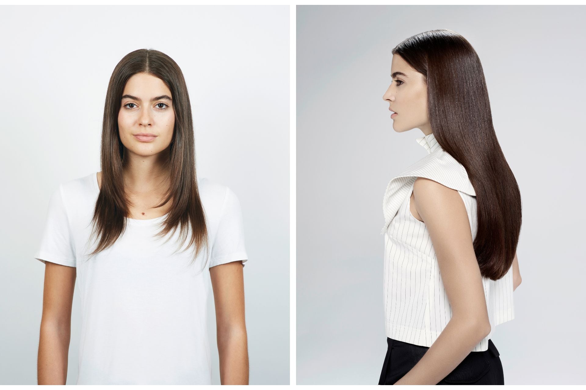 Vorher-Nachher-Vergleich einer Frau mit mittellangem, glattem, braunem Haar (links) und edlem, glatten Haarstyling (rechts). Professionelle Haarverlängerung durch Flaunt und Farbveredelung