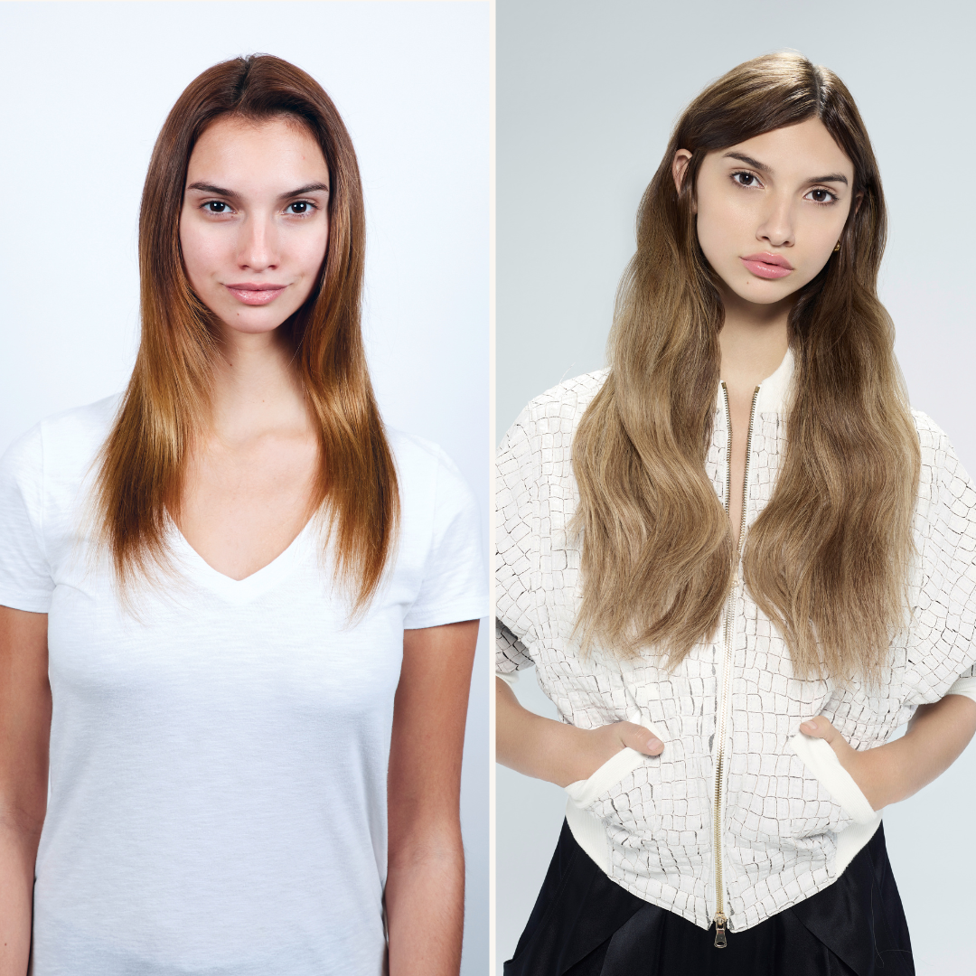 Vorher-Nachher-Vergleich einer Frau mit mittellangem, glattem Haar (links) und voluminösem, welligem Haarstyling mit helleren Highlights (rechts). Professionelle Haarverlängerung durch Flaunt und Farbveredelung