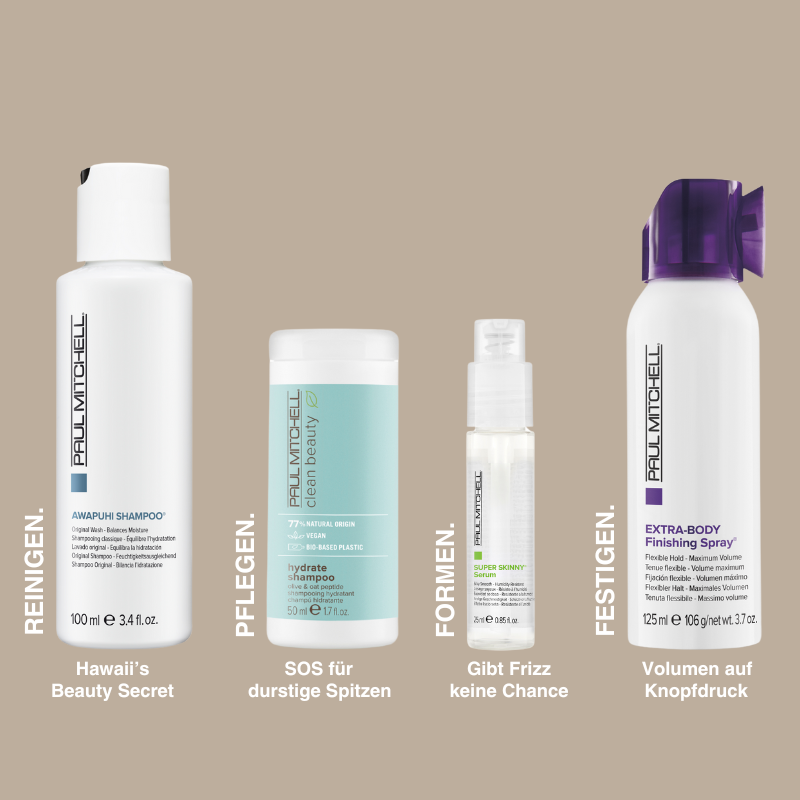 Vier Paul Mitchell Haarpflegeprodukte nebeneinander mit den Kategorien: Reinigen (Awapuhi Shampoo), Pflegen (Hydrate Shampoo), Formen (Super Skinny Serum) und Festigen (Extra-Body Spray).
