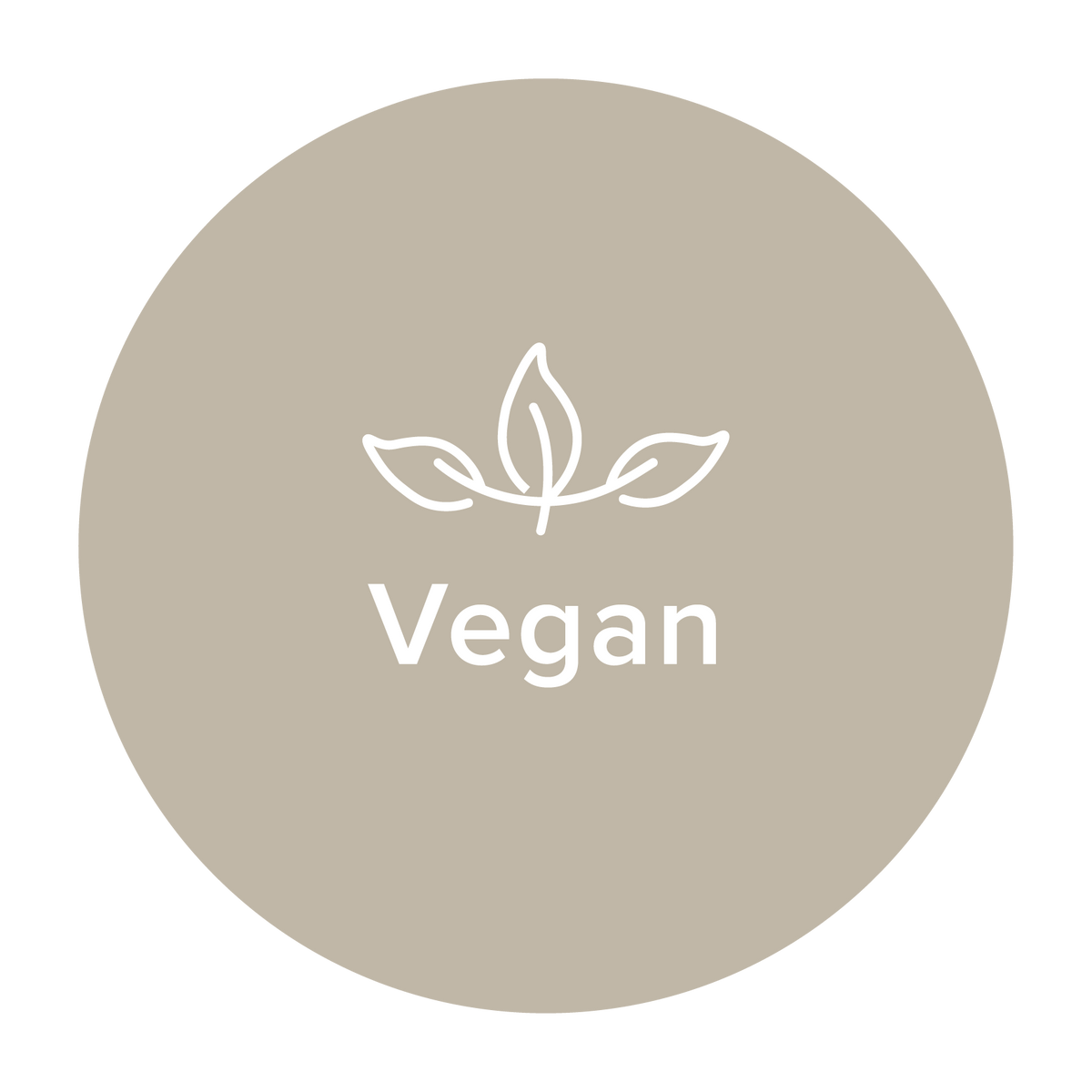 Vegan-Symbol – beiger Kreis mit weißem Blatt-Zeichen und Schriftzug Vegan.