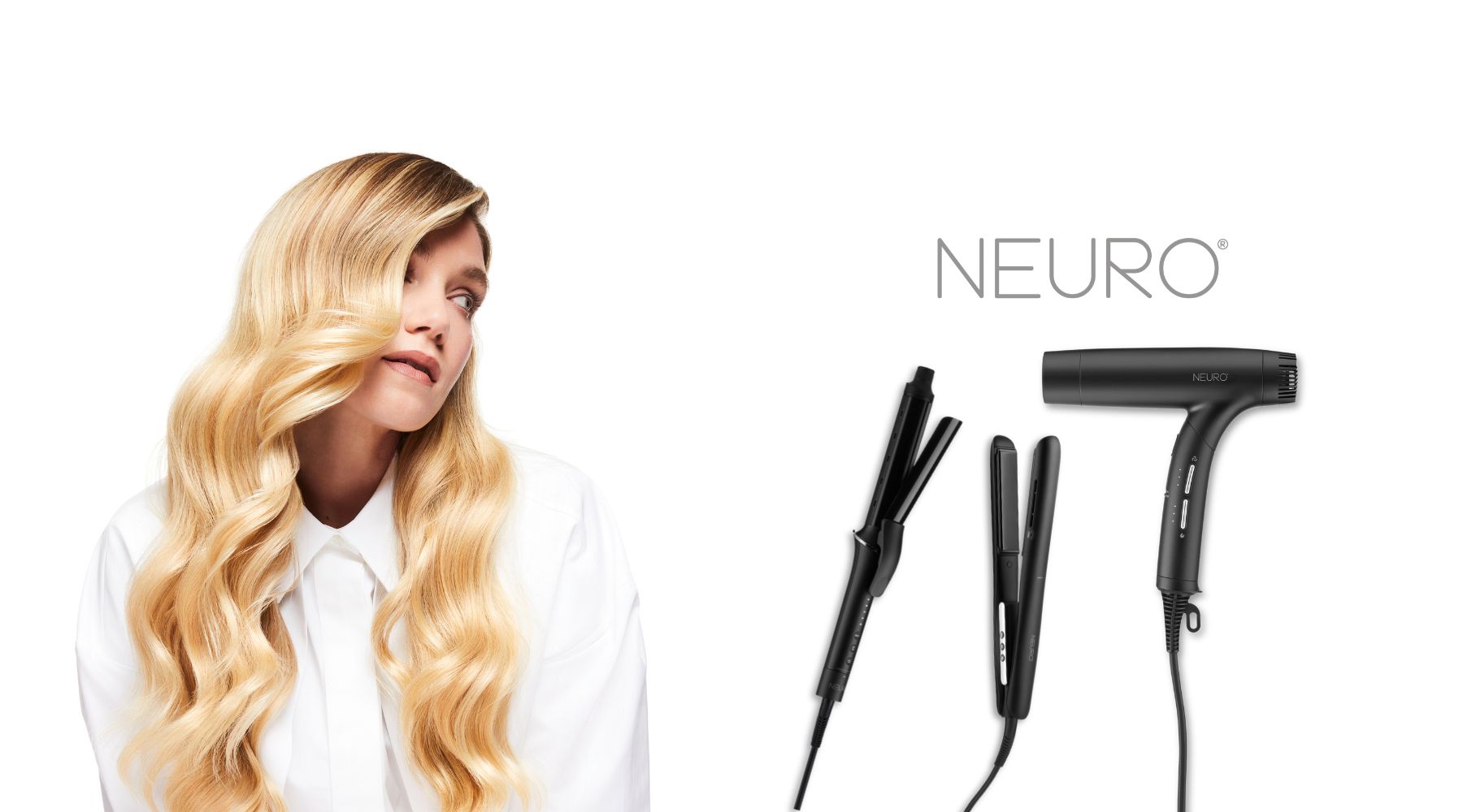 Frau mit langen, welligen, blond glänzenden Haaren, die elegant zur Seite blickt, neben professionellen Haarstyling-Geräten von Neuro, darunter ein Haartrockner, ein Glätteisen und ein Styling-Tool, auf weißem Hintergrund.