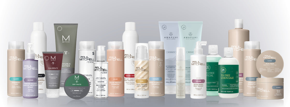 Verschiedene Paul Mitchell Haarpflege- und Stylingprodukte vor grauem Hintergrund.